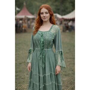 Vintage Y2K Green Fairy Ren Faire Dress 0S Medieval Maiden Lace Grunge Whimsy